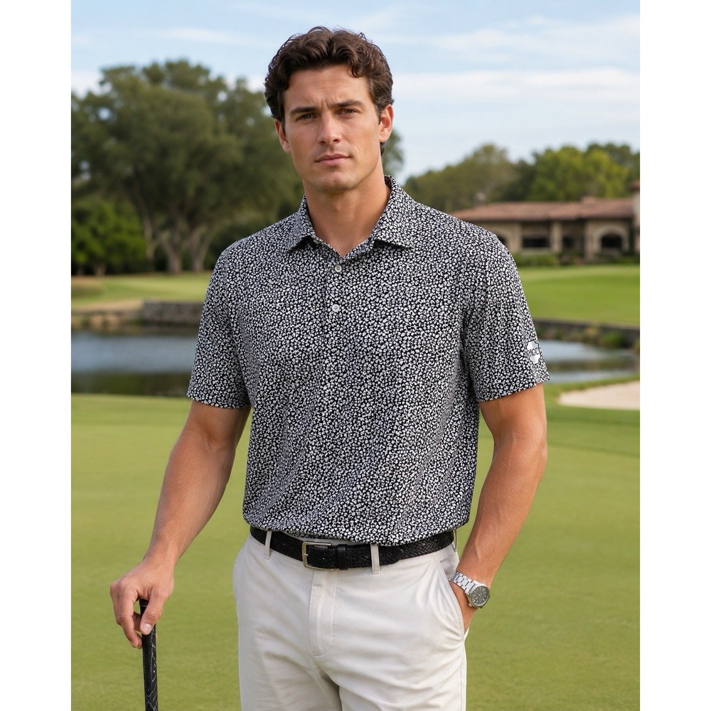 Cutter & Buck HGC Men's Golf Polo Black Floral Embroidered Stretch Shirt YY03